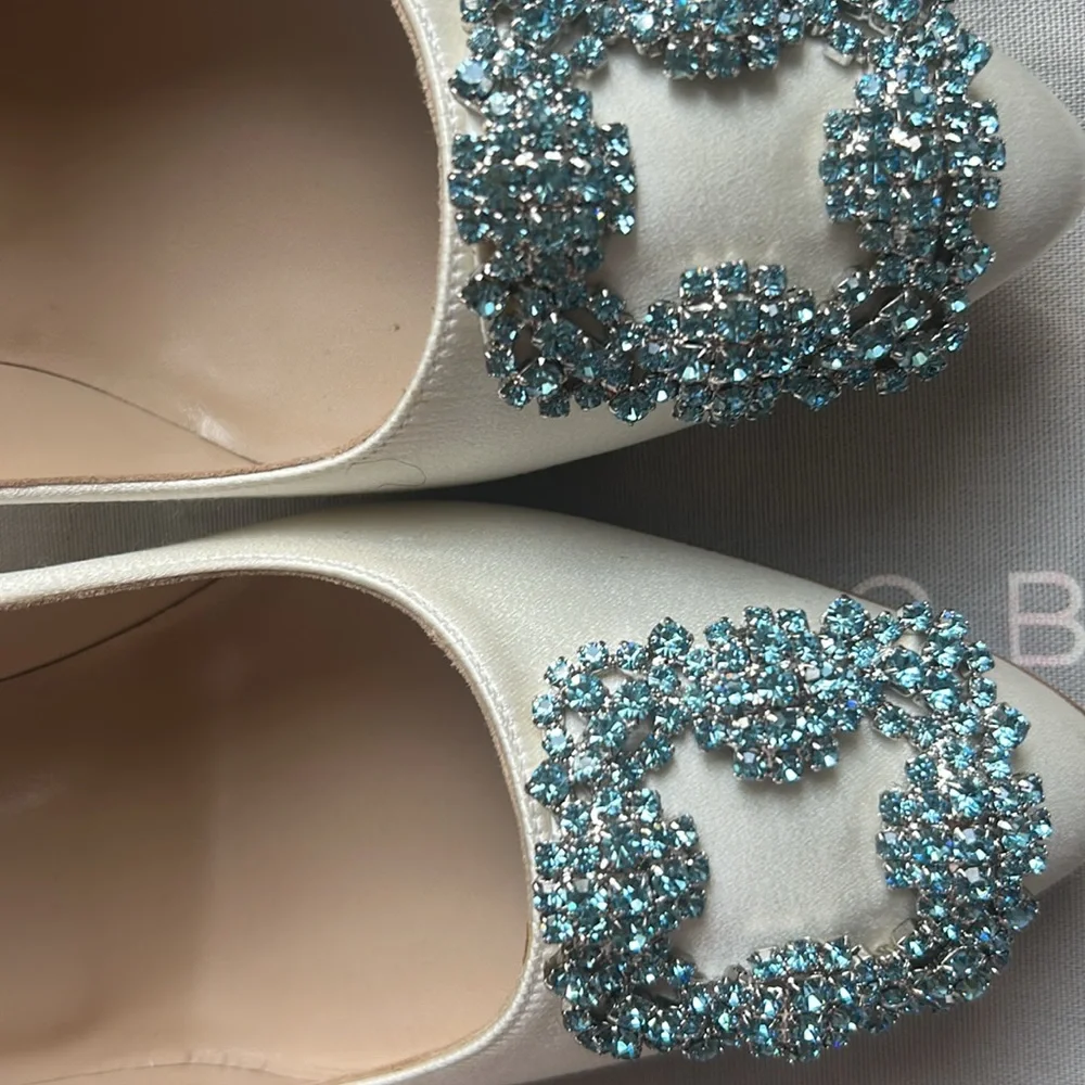Manolo Blahnik White Satin Pump with Crystal Buckle